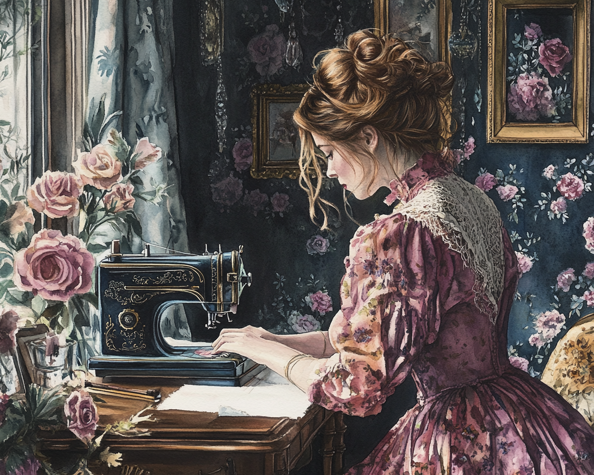 A woman sewing in a vintage studio.