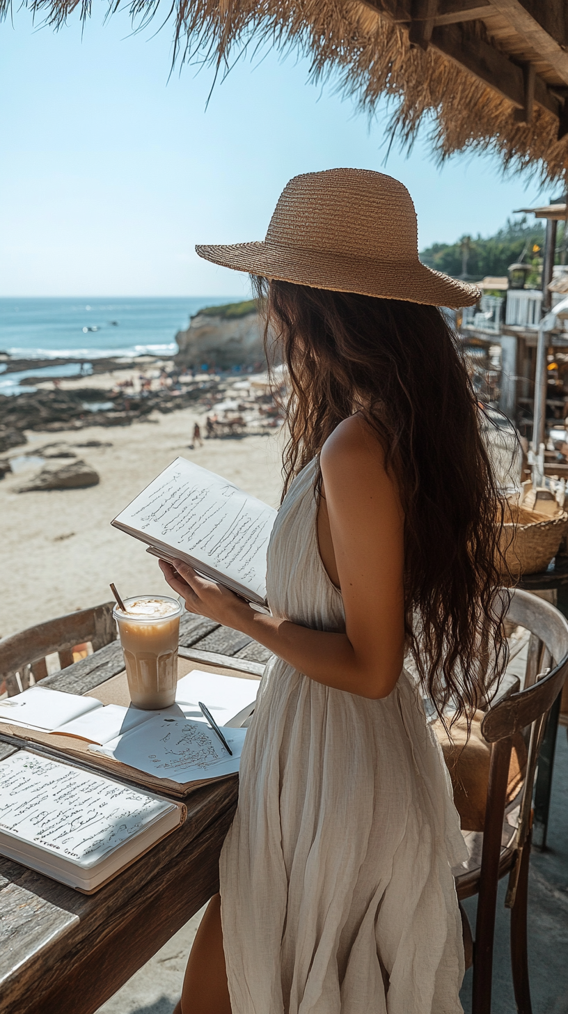 A woman sketching at beachside cafe in sundress