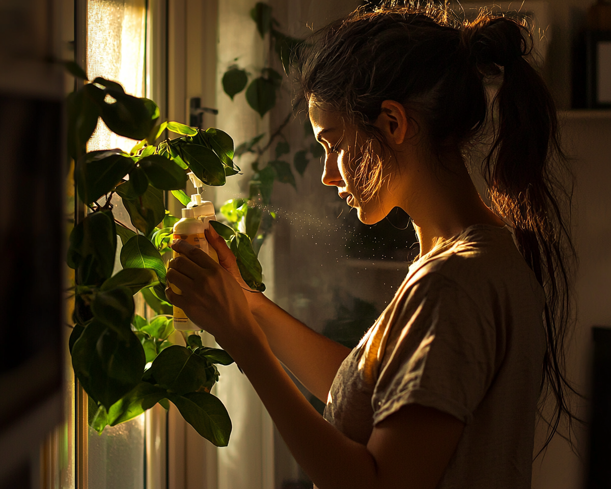 A woman spraying plant in cozy home