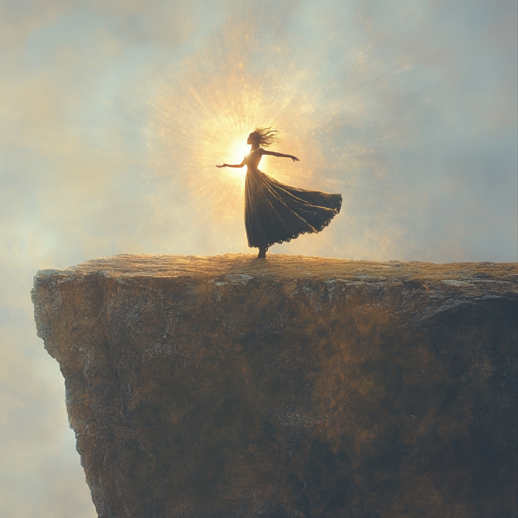 A woman standing on cliff edge with arms open, glowing joyfully.