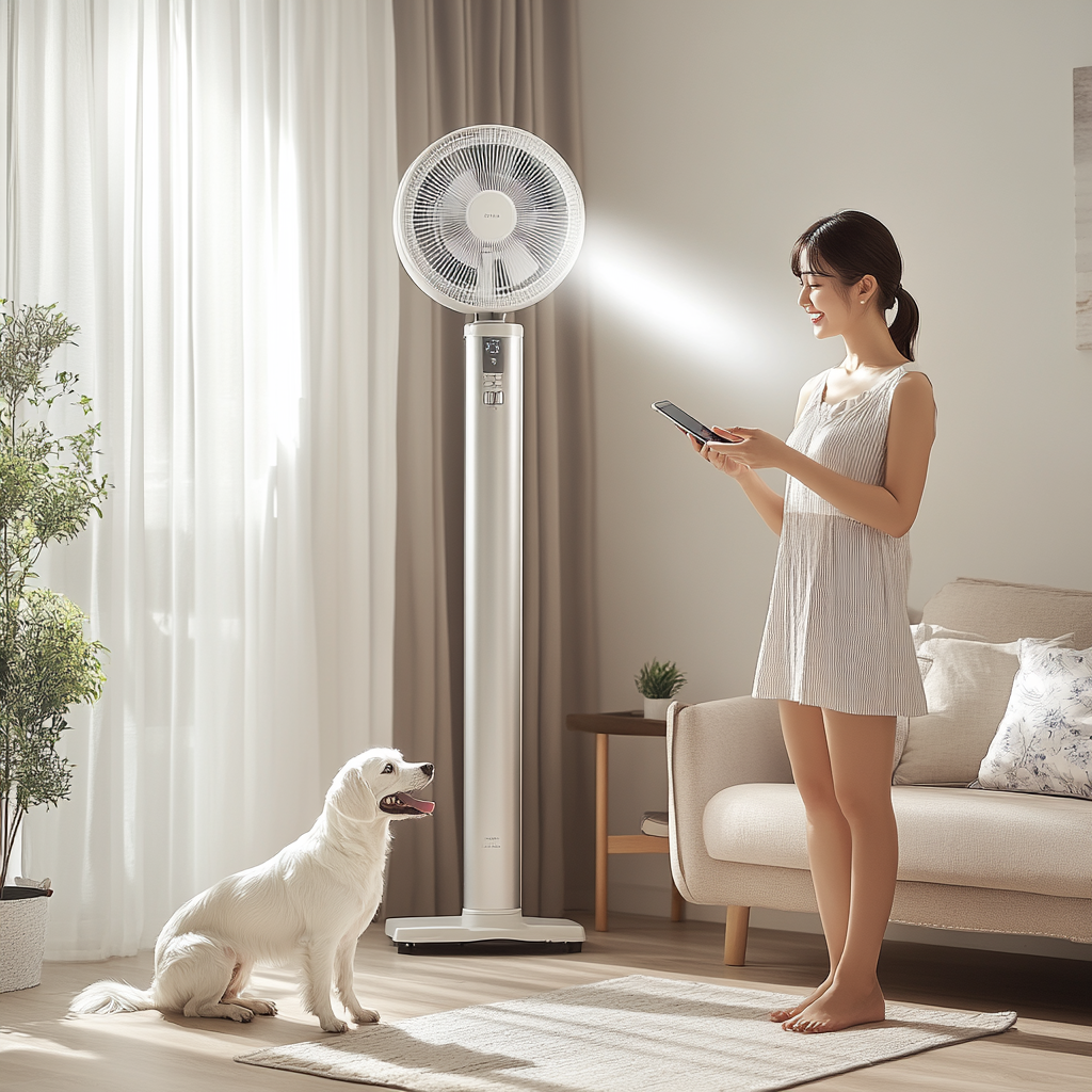 A woman stands in living room with pets