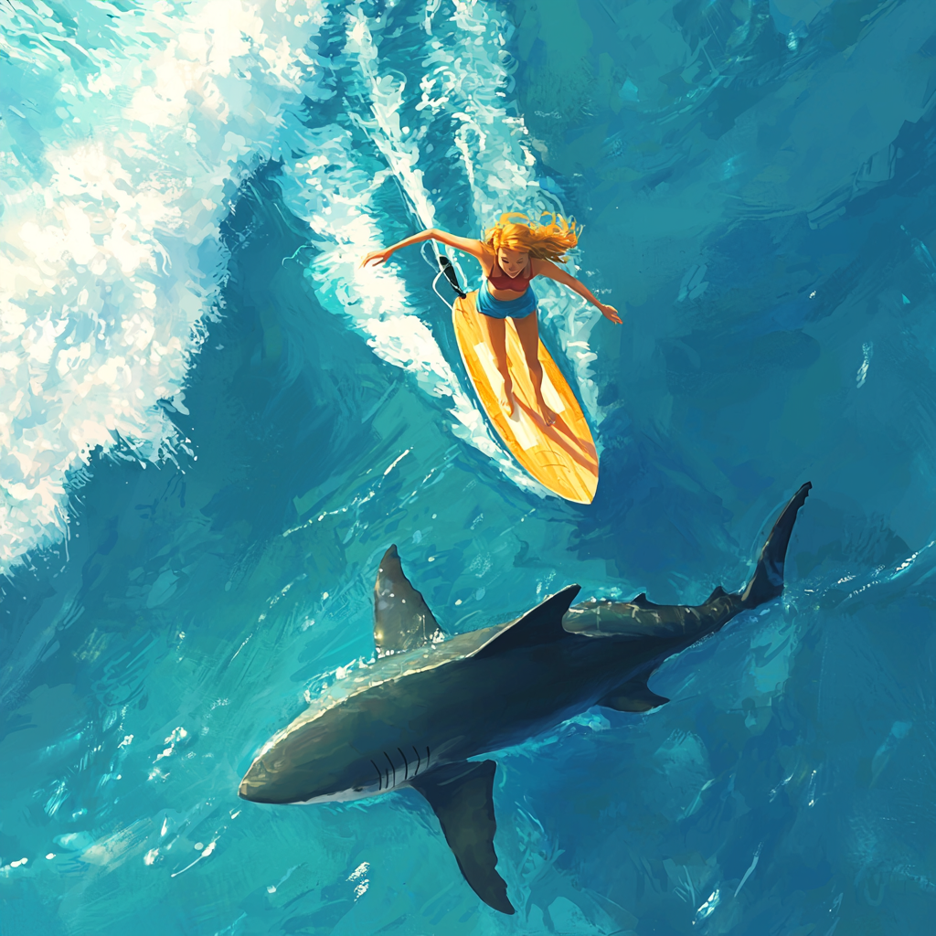 A woman surfing with shark nearby in ocean.