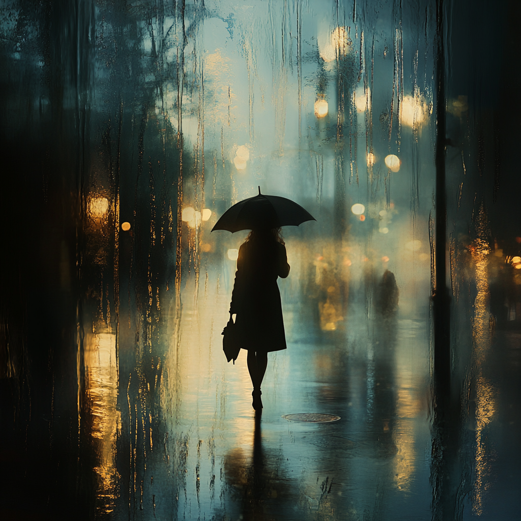 A woman walking alone in the rain.