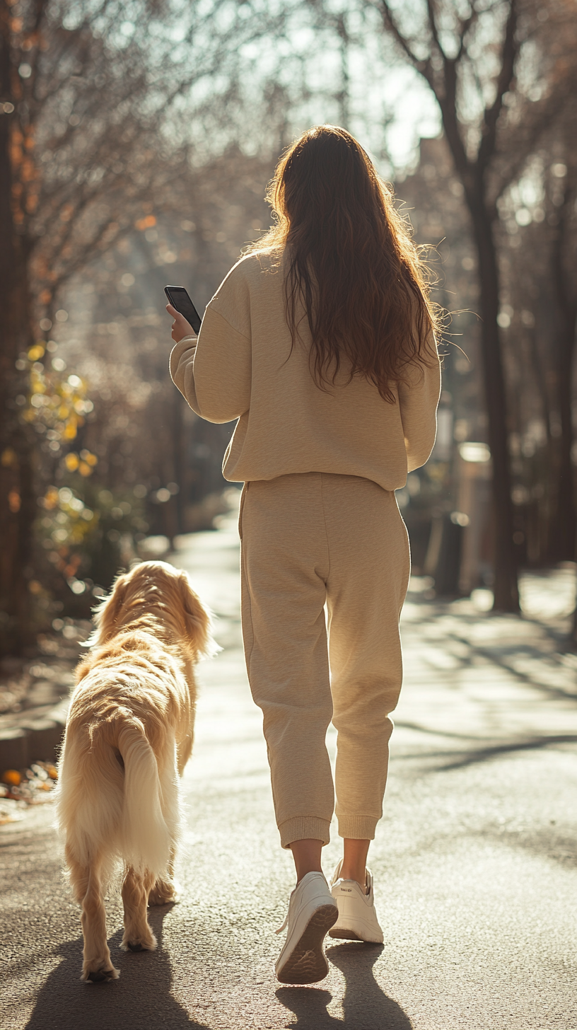 A woman walking dog on sunny morning