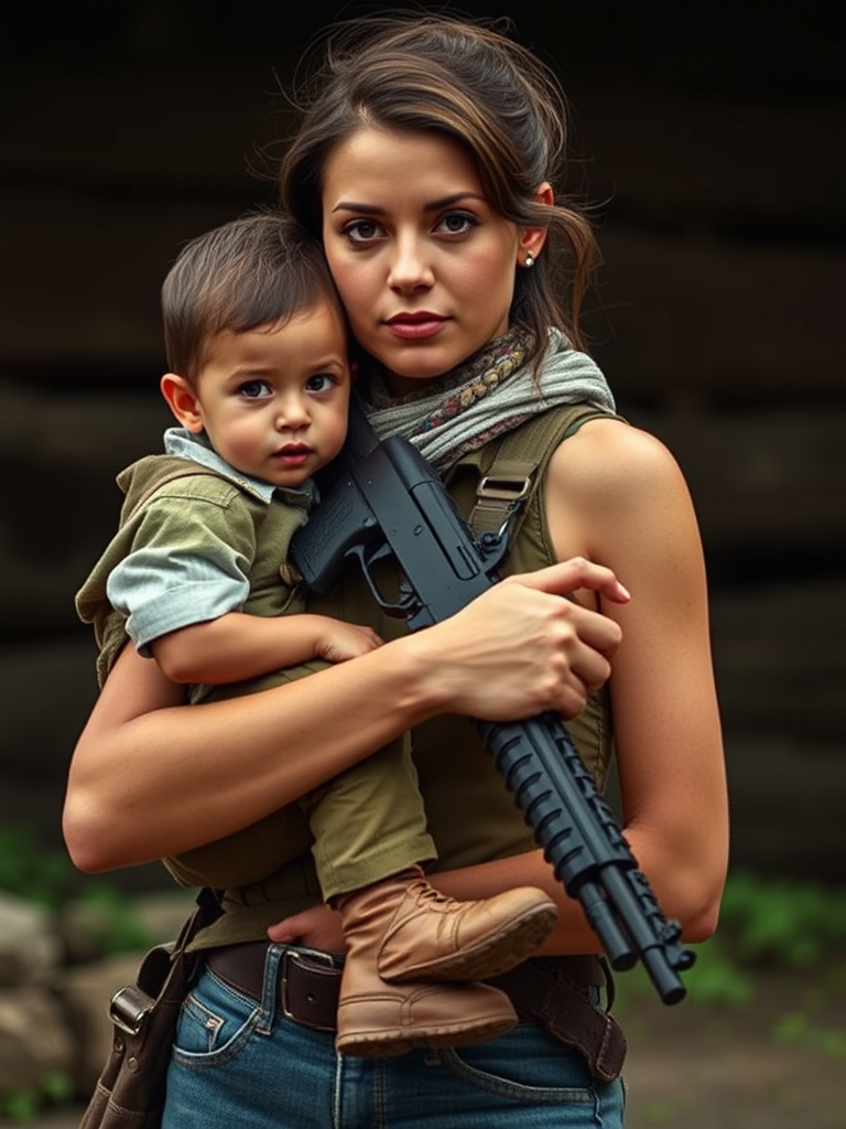 A woman wearing a pip boy and carrying a rifle.