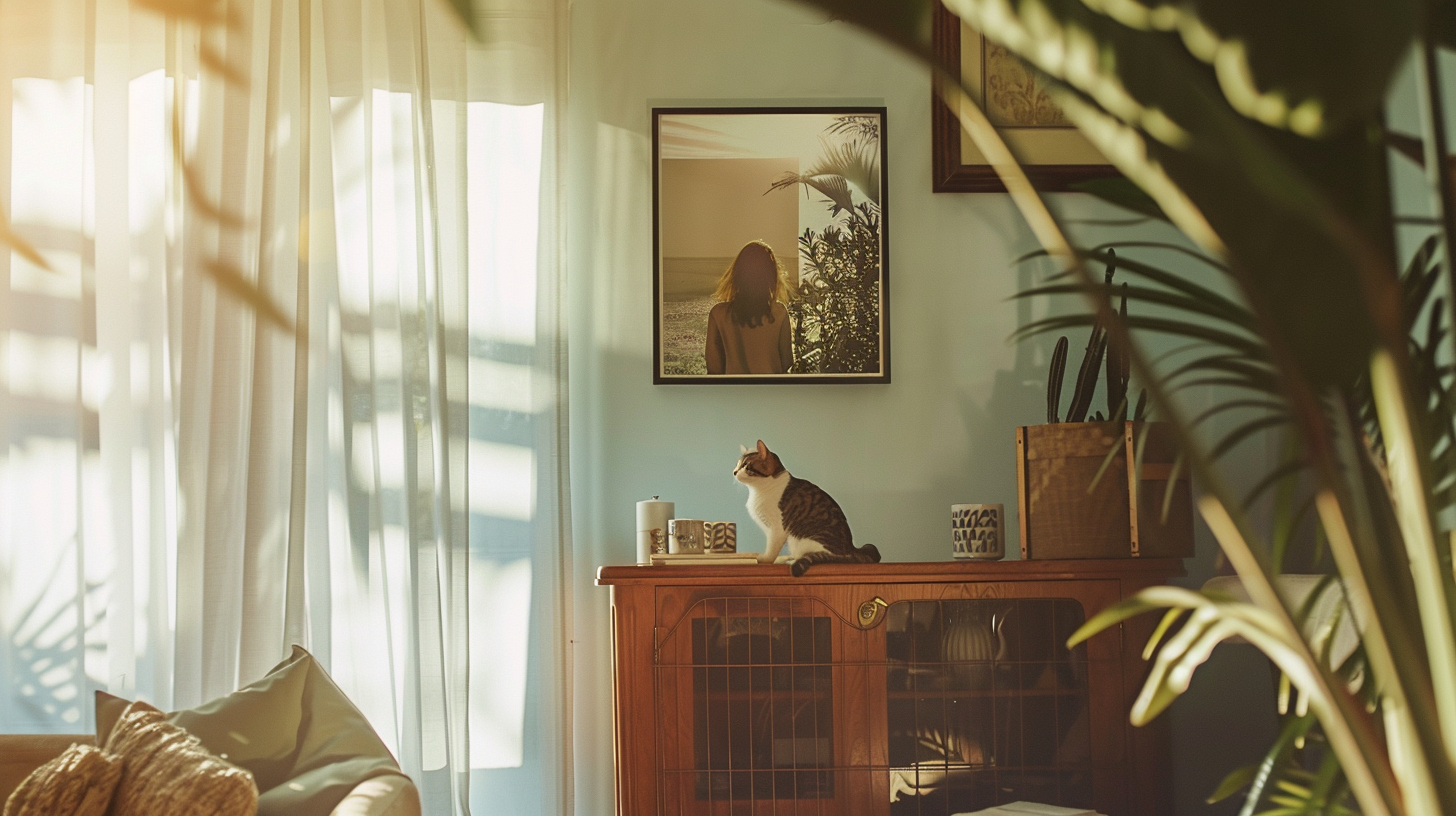 A woman with a blurry cat in a frame.