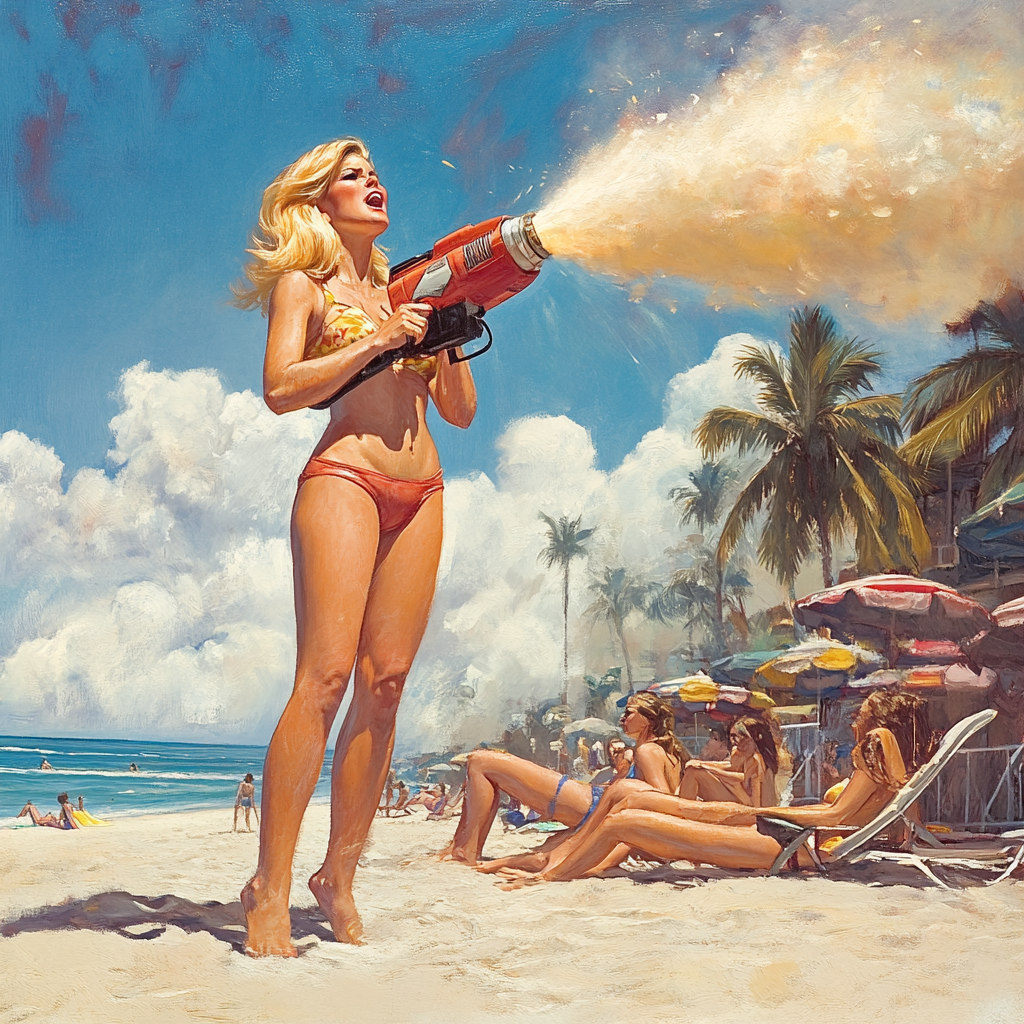 A woman with a leafblower blows sand at beachgoers.