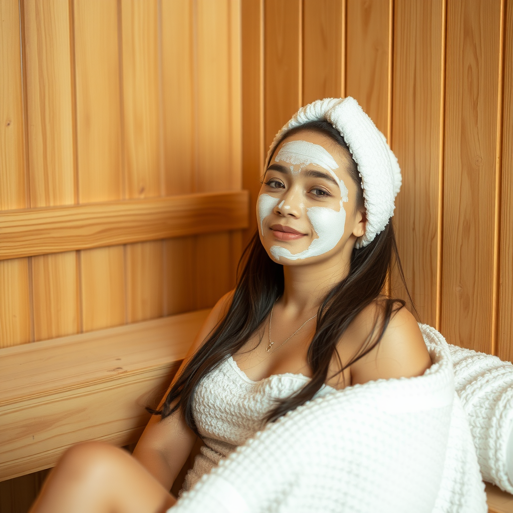 A woman with face cream in sauna.