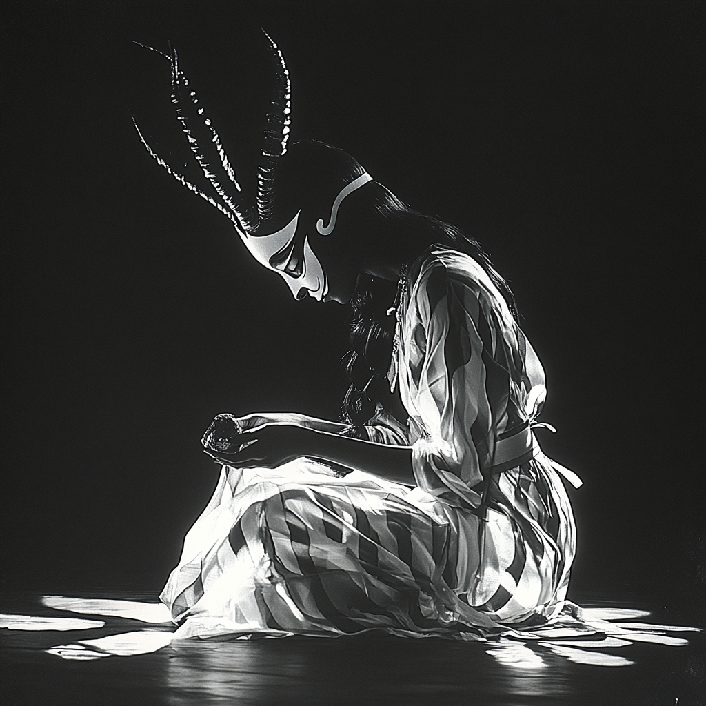 A woman with horns floating and unmasking.