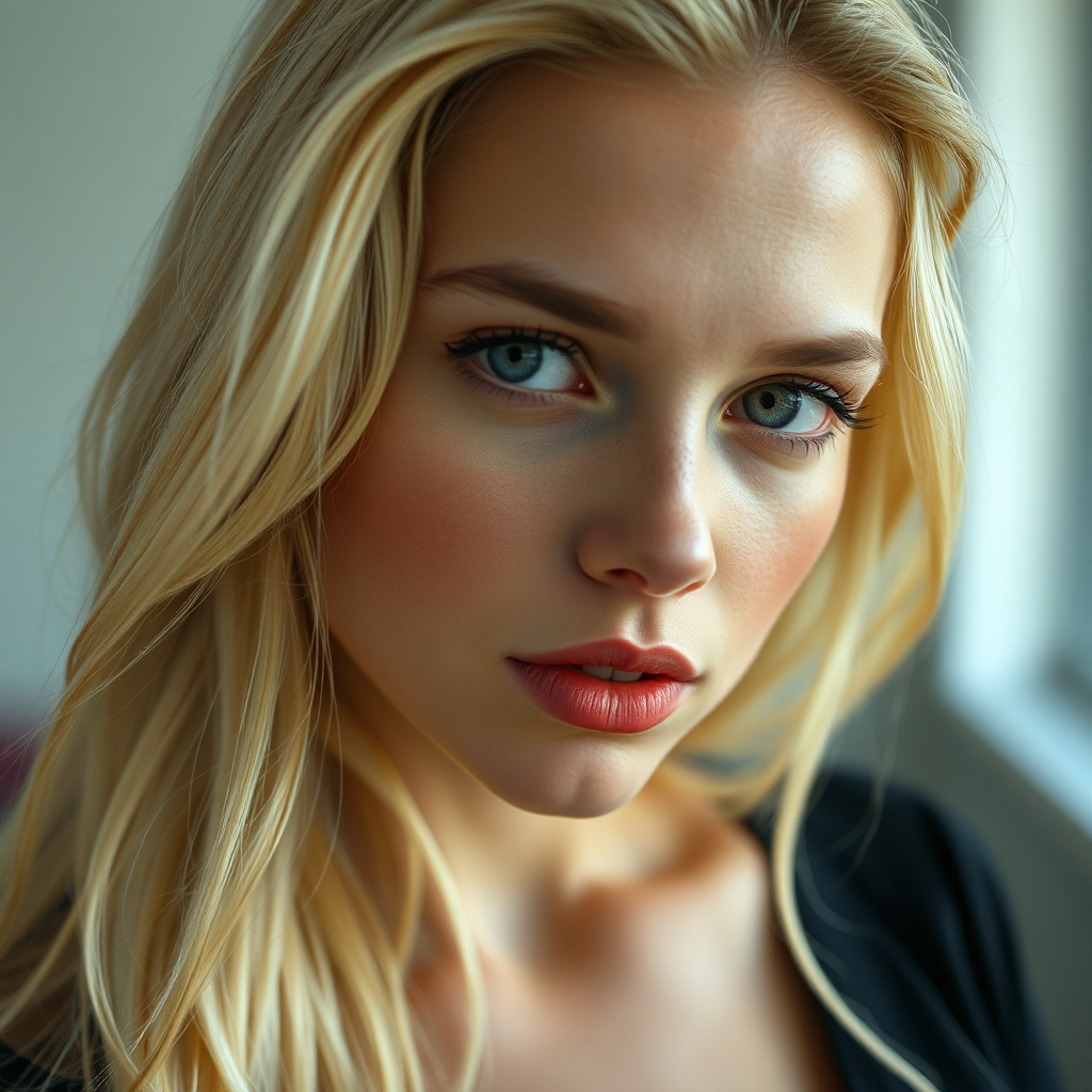A woman with long blonde hair and red lips.