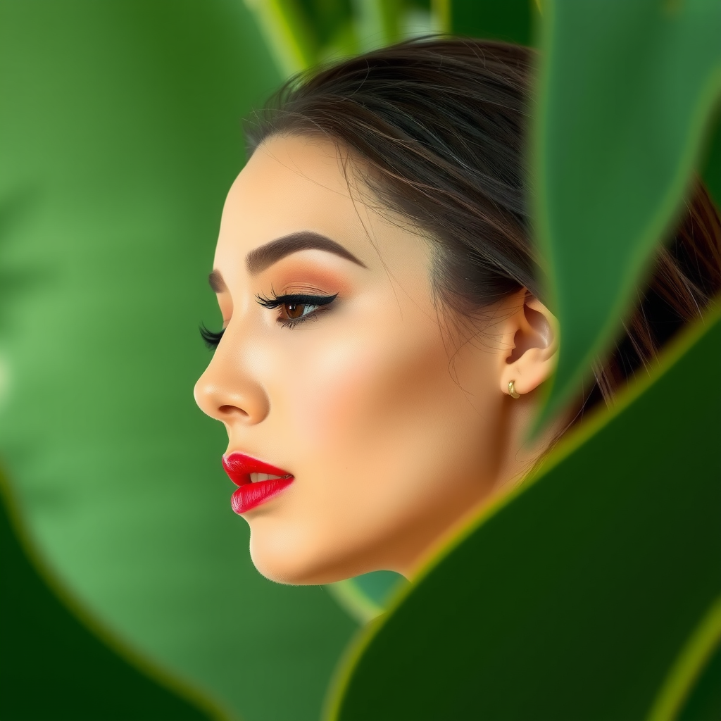 A woman with make-up on green leaves background.