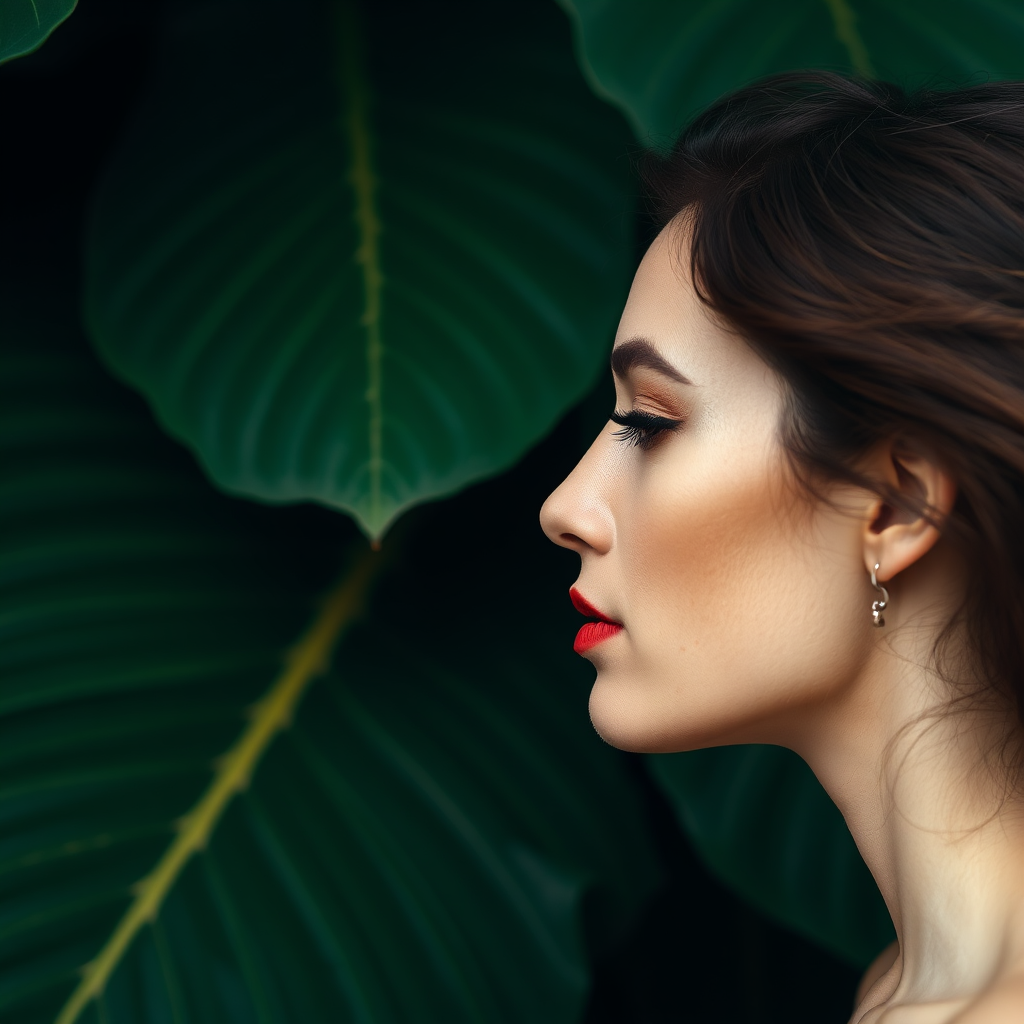 A woman with make-up on green leaves background.