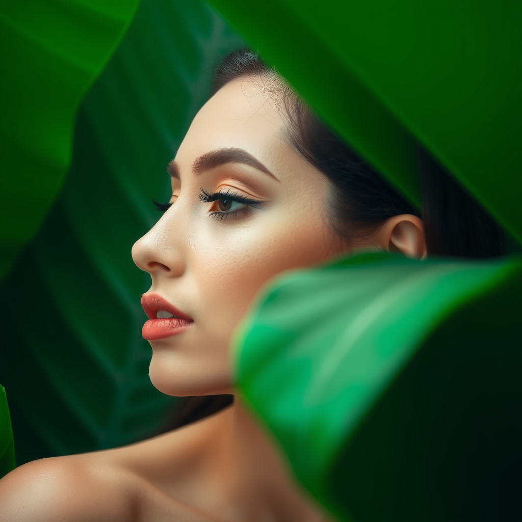 A woman with make-up on green leaves.