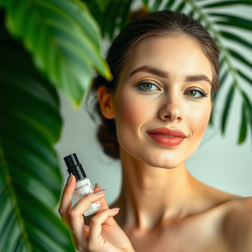 A woman with makeup in front of green leaves