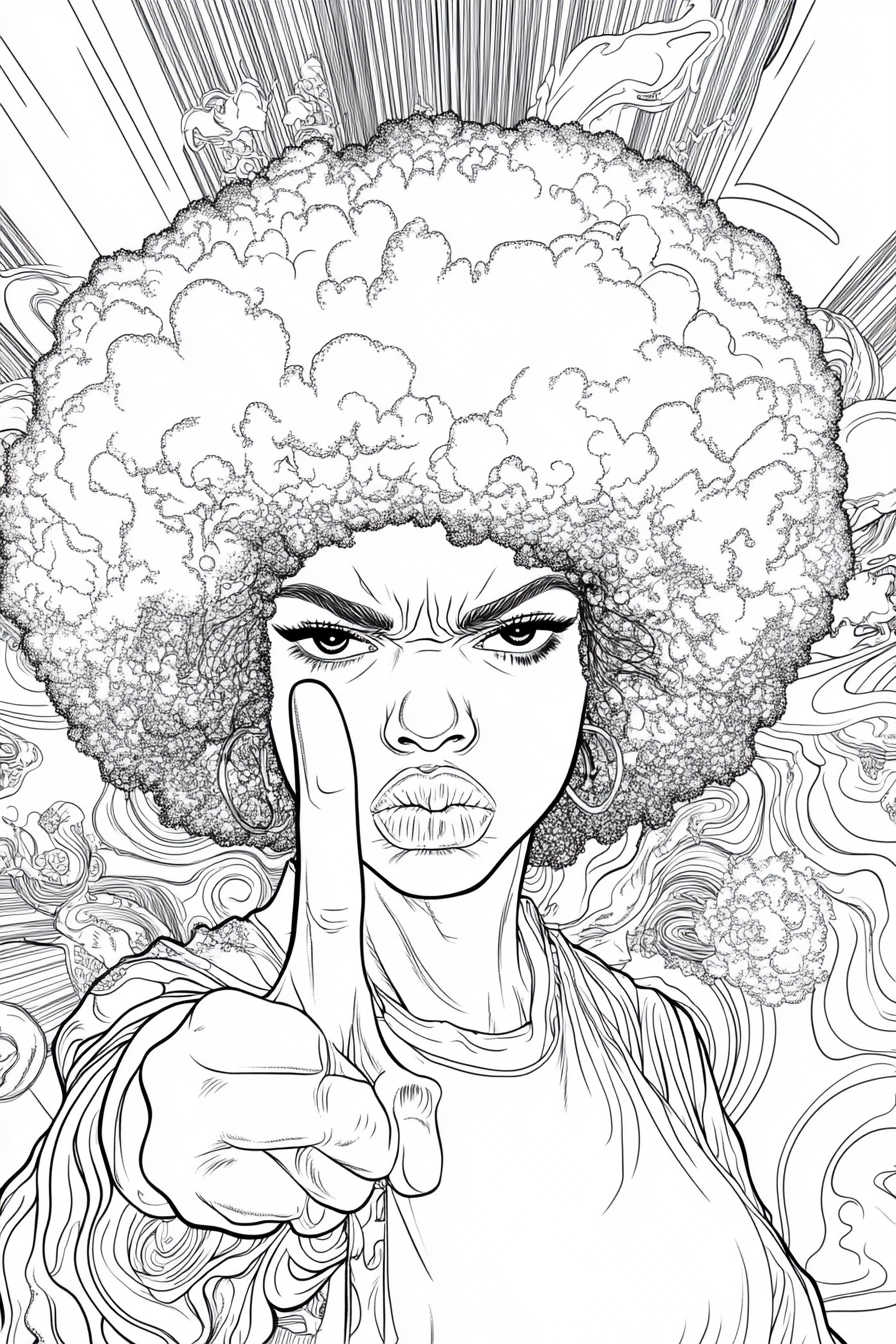 A woman with white afro showing middle finger