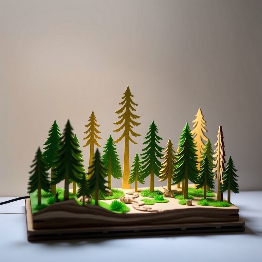 A wood forest lamp decoration with layers.