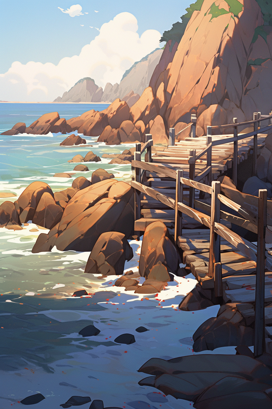 A wooden dock at rocky beach during evening