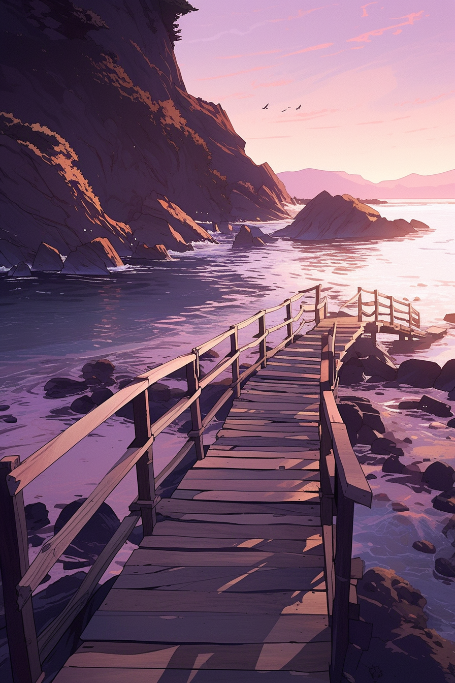 A wooden dock at sunset, waves crashing