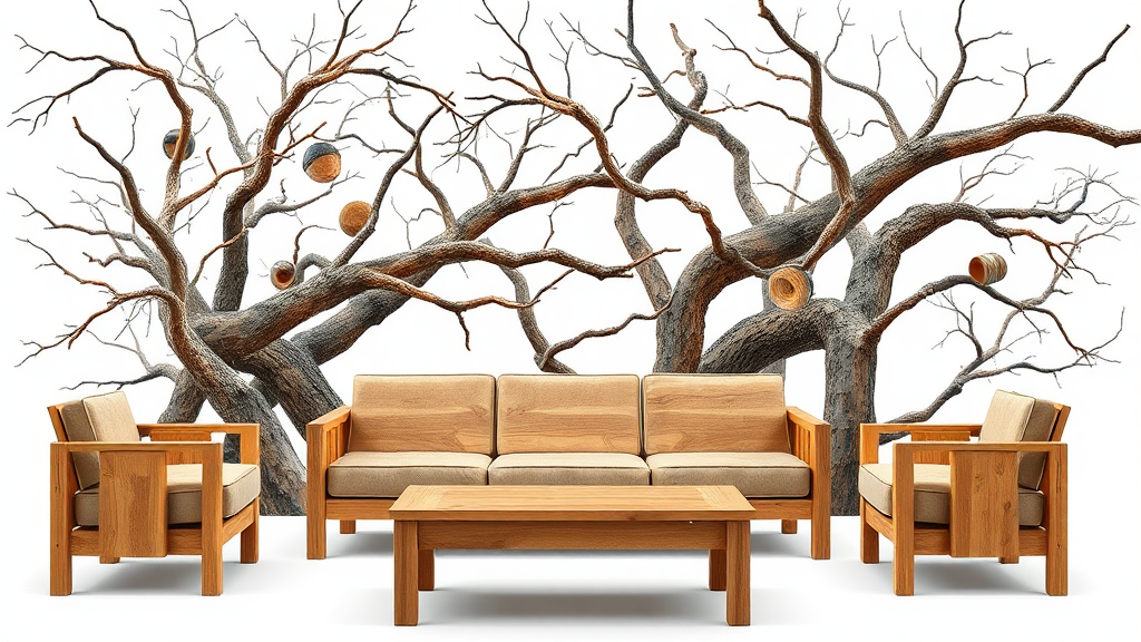 A wooden furniture set with intertwined branches.