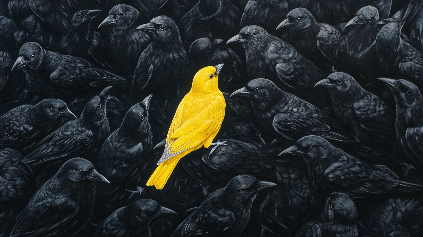 A yellow canary among many black crows.