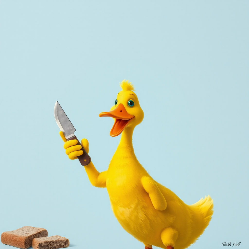 A yellow duck with a knife wants bread.