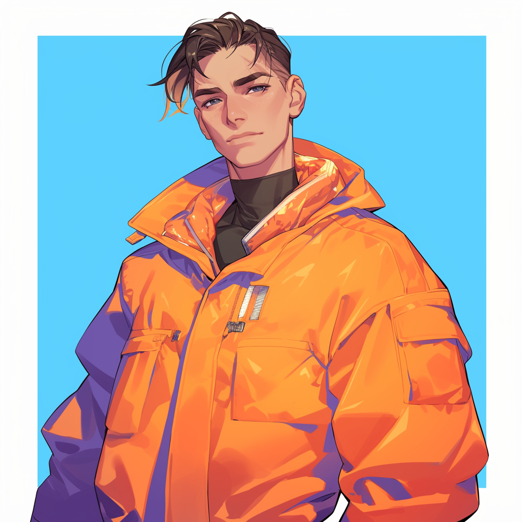 A young Hispanic man in orange sci-fi jacket