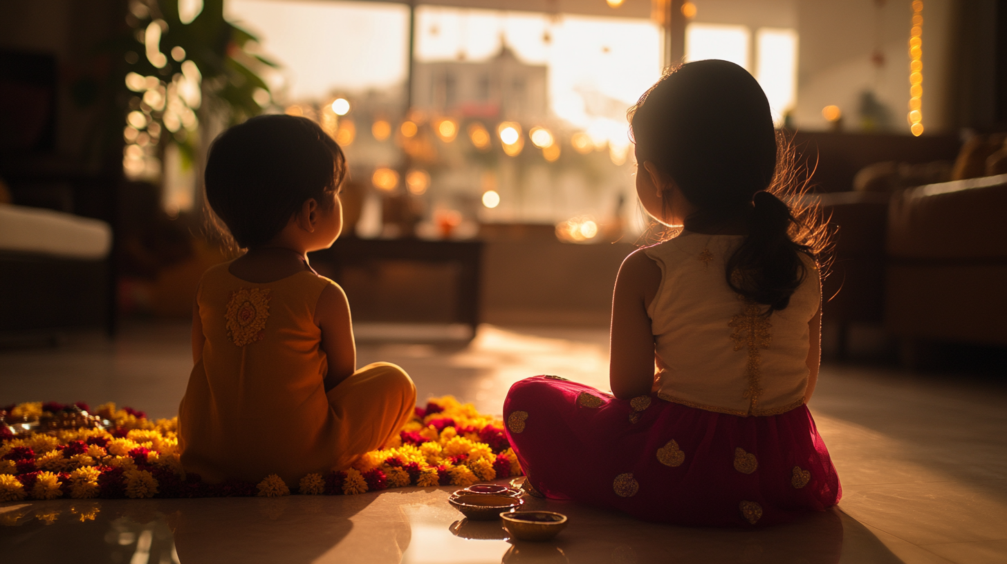 A young Indian sibling in a Diwali-decorated room