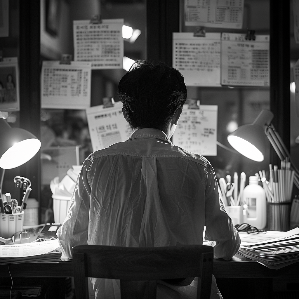 A young Korean man studying late at night