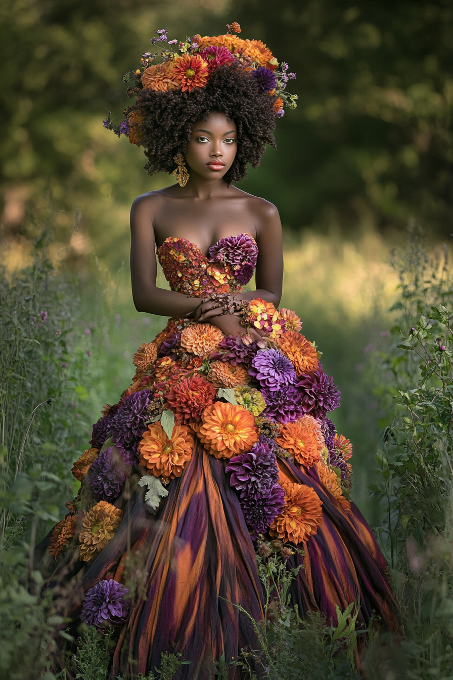 A young black woman in ballgown with floral headpiece.