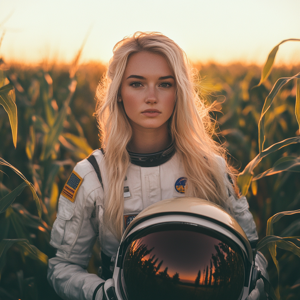 A young blonde woman in an astronaut outfit