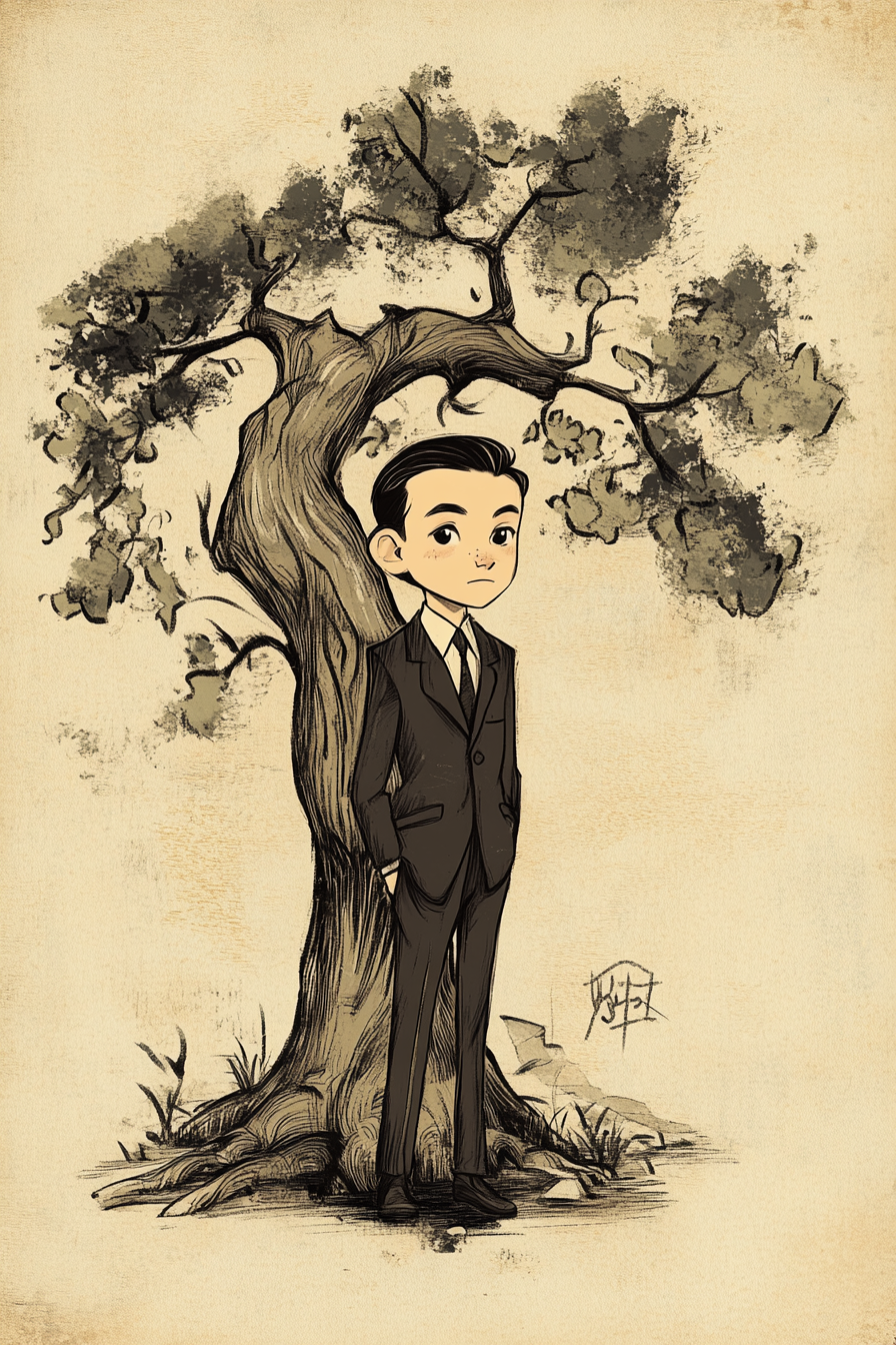 A young boy in oversized suit by tree