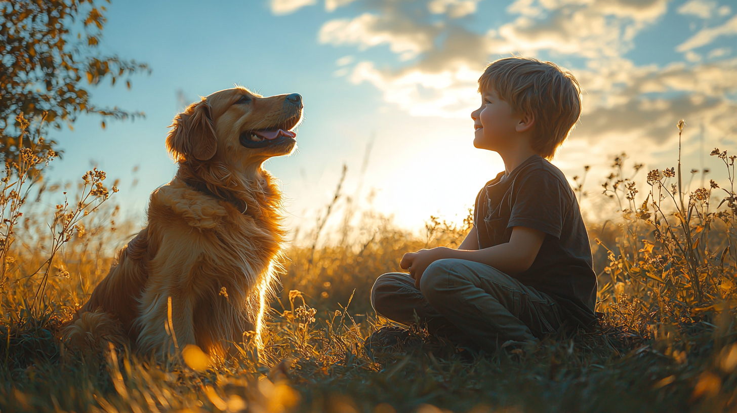 A young boy petting a golden retriever in field.