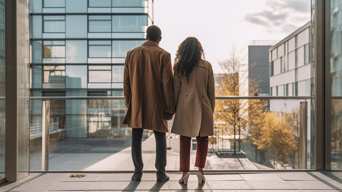 A young couple admiring a modern cityscape