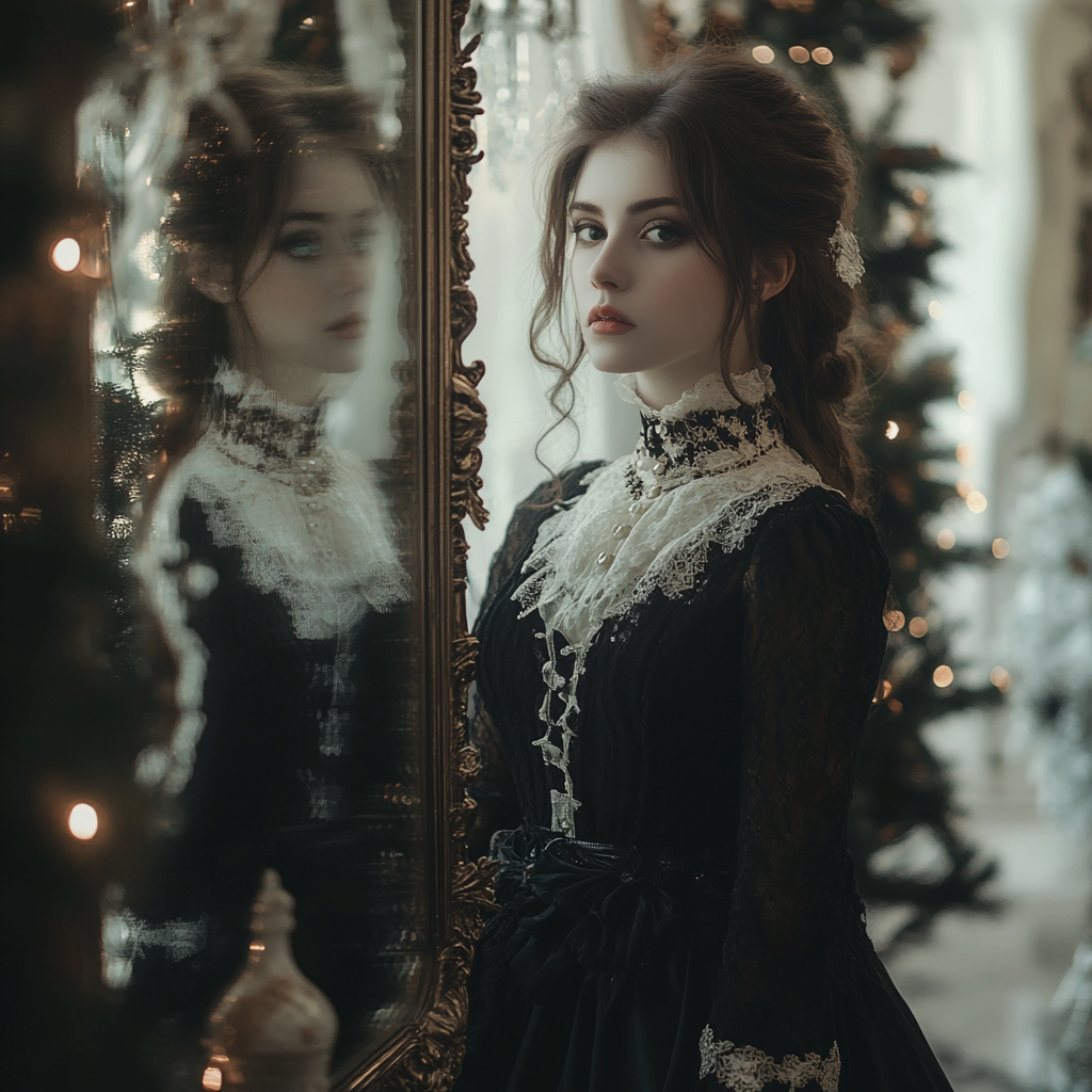 A young girl in old-fashioned dress looks in mirror