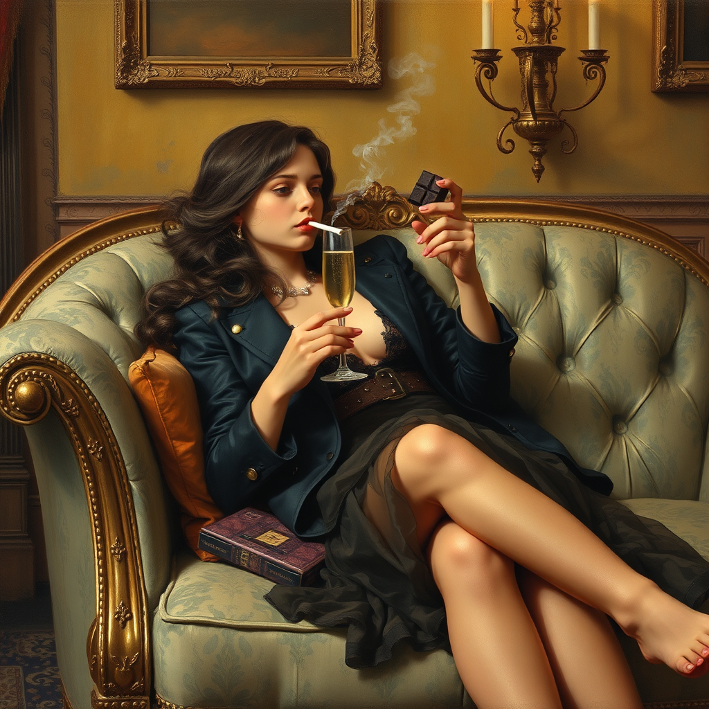 A young girl lounging on sofa with champagne.