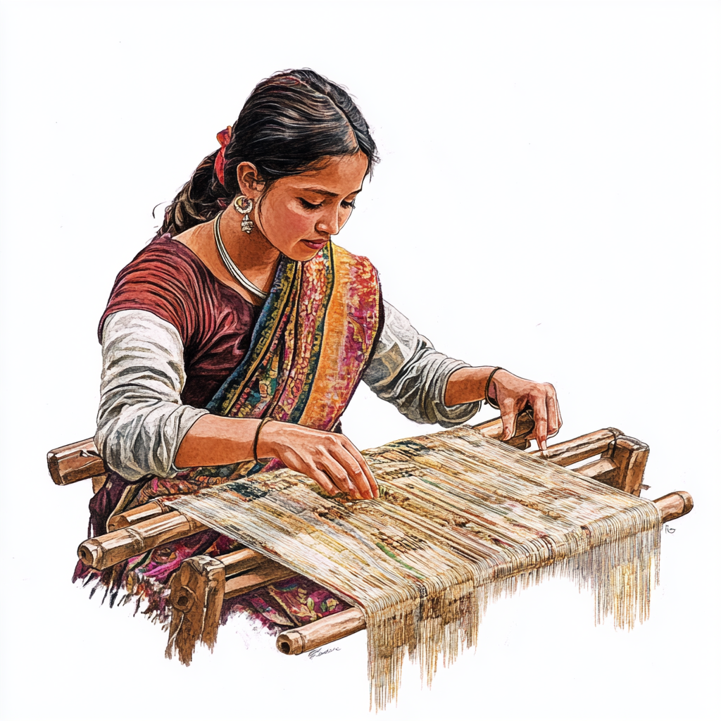 A young lady weaving silk fabric peacefully