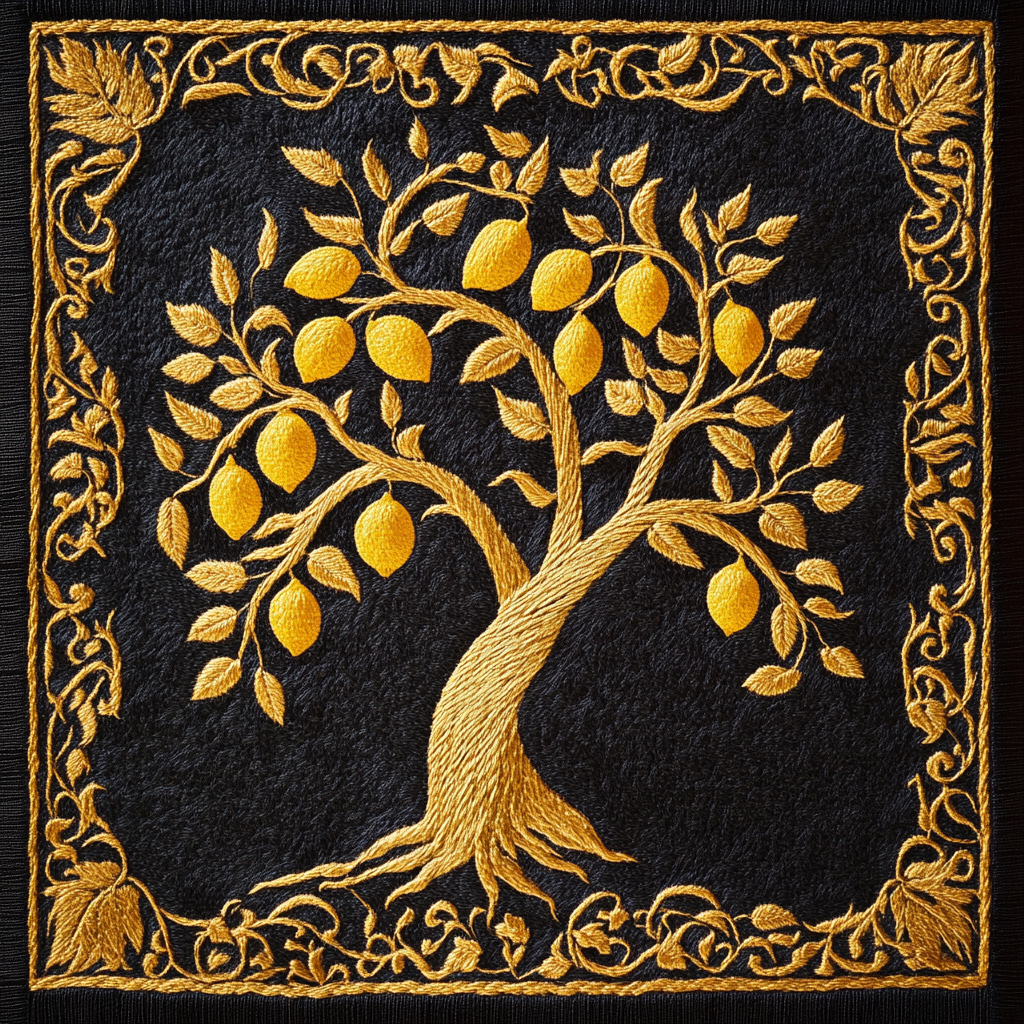 A young lemon tree on a knight's tapestry