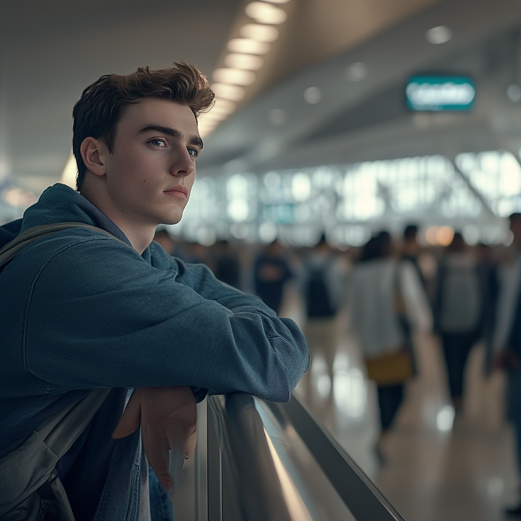 A young man at busy airport, calm expression