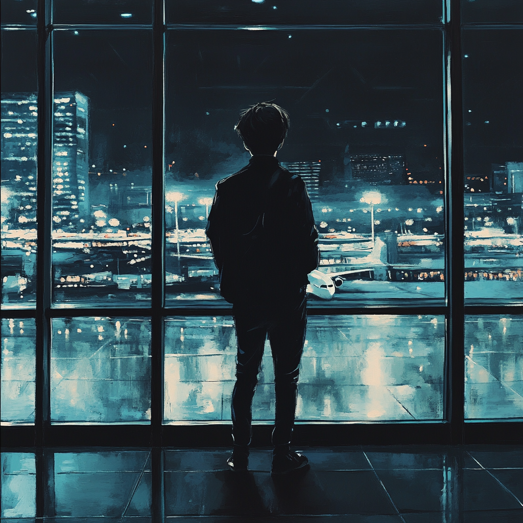 A young man at the airport, city lights glow