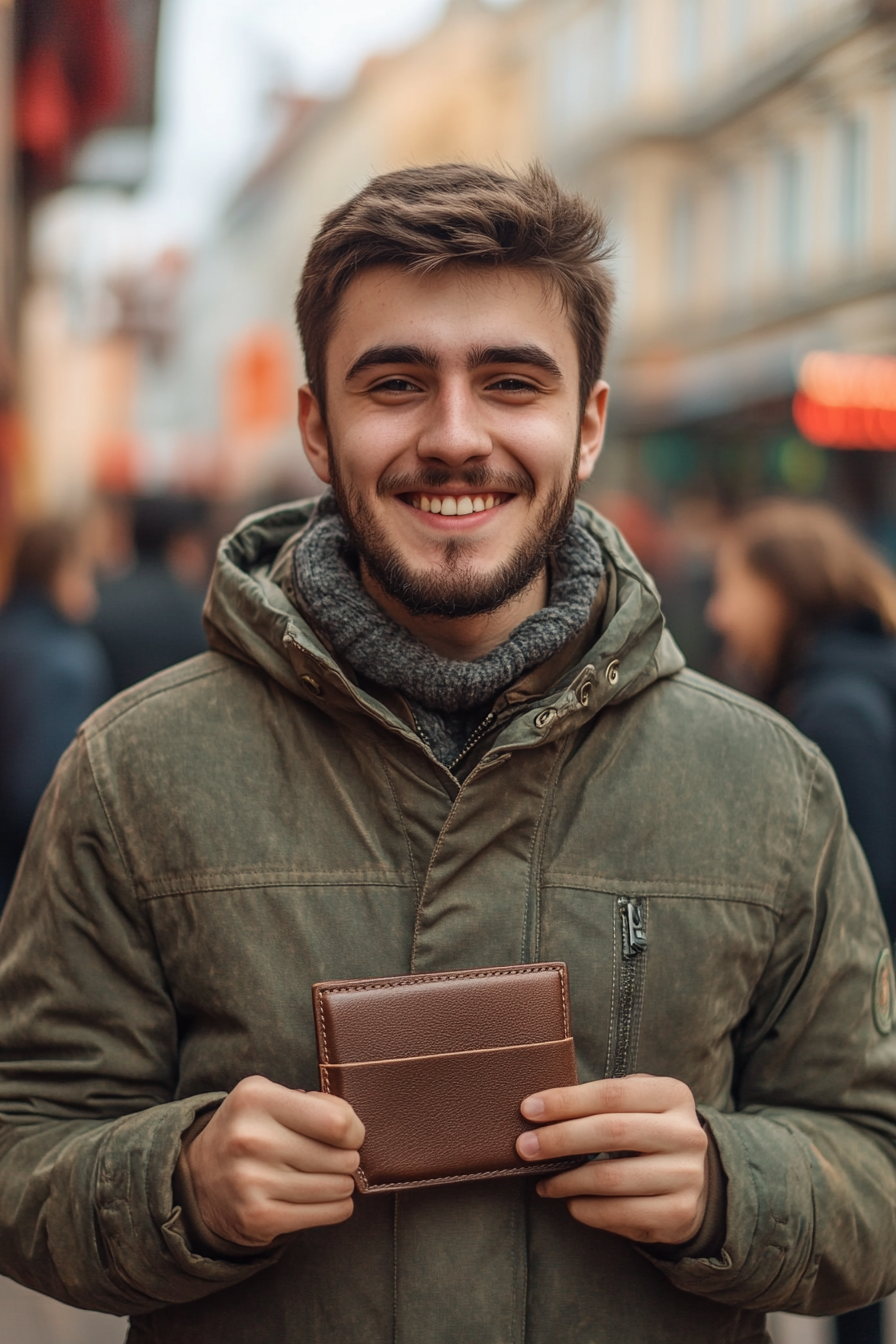 A young man happily holding a gift