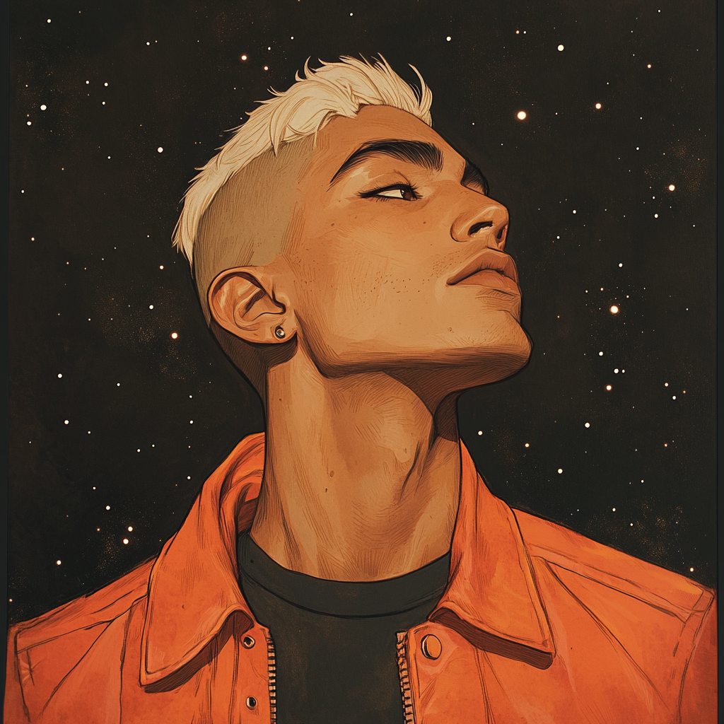 A young man in 90s jacket in space portrait