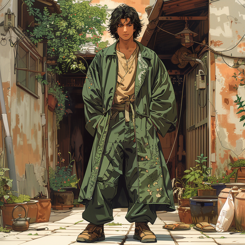 A young man in green robe and work clothes