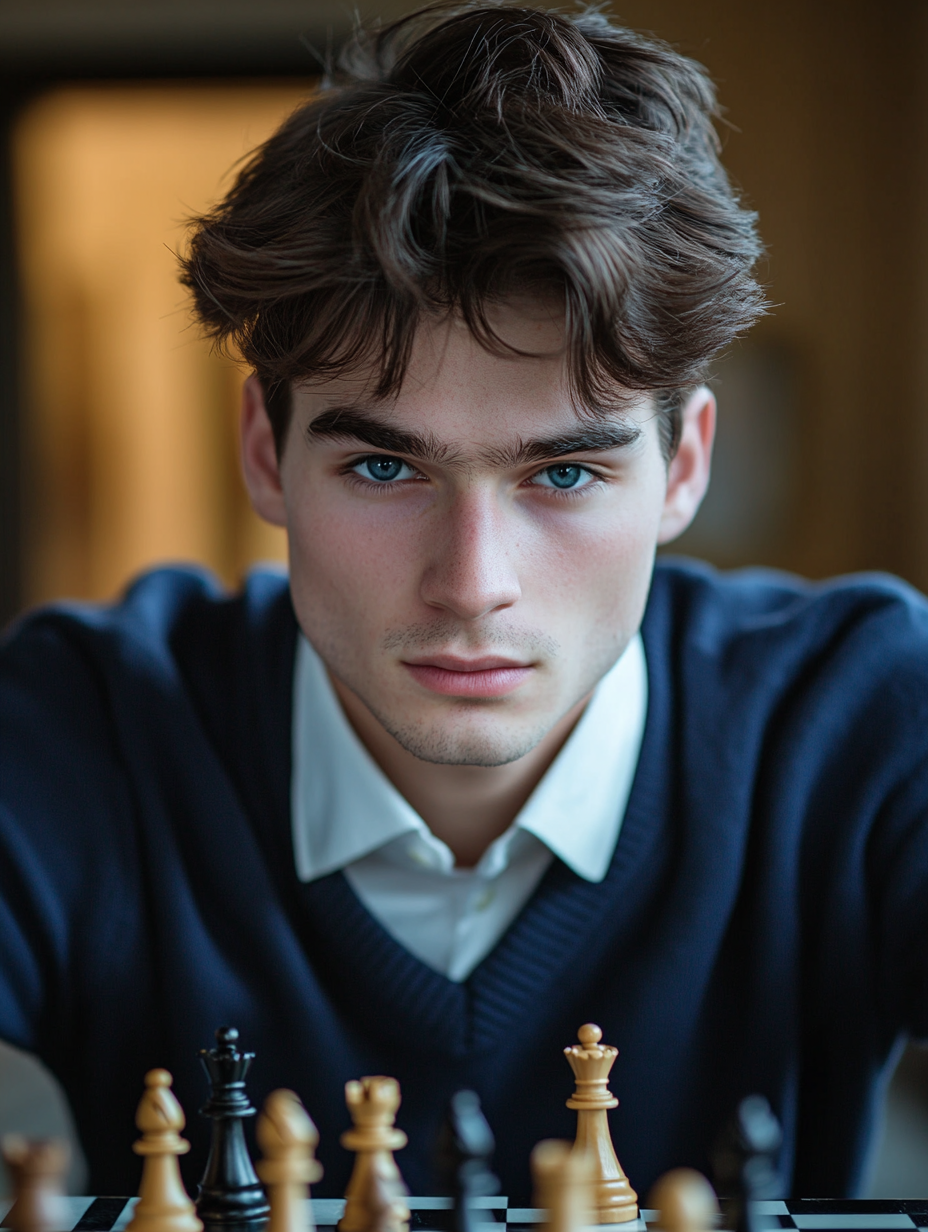 A young man playing chess in school uniform