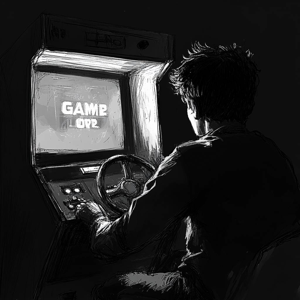 A young man plays arcade game, silhouette style.