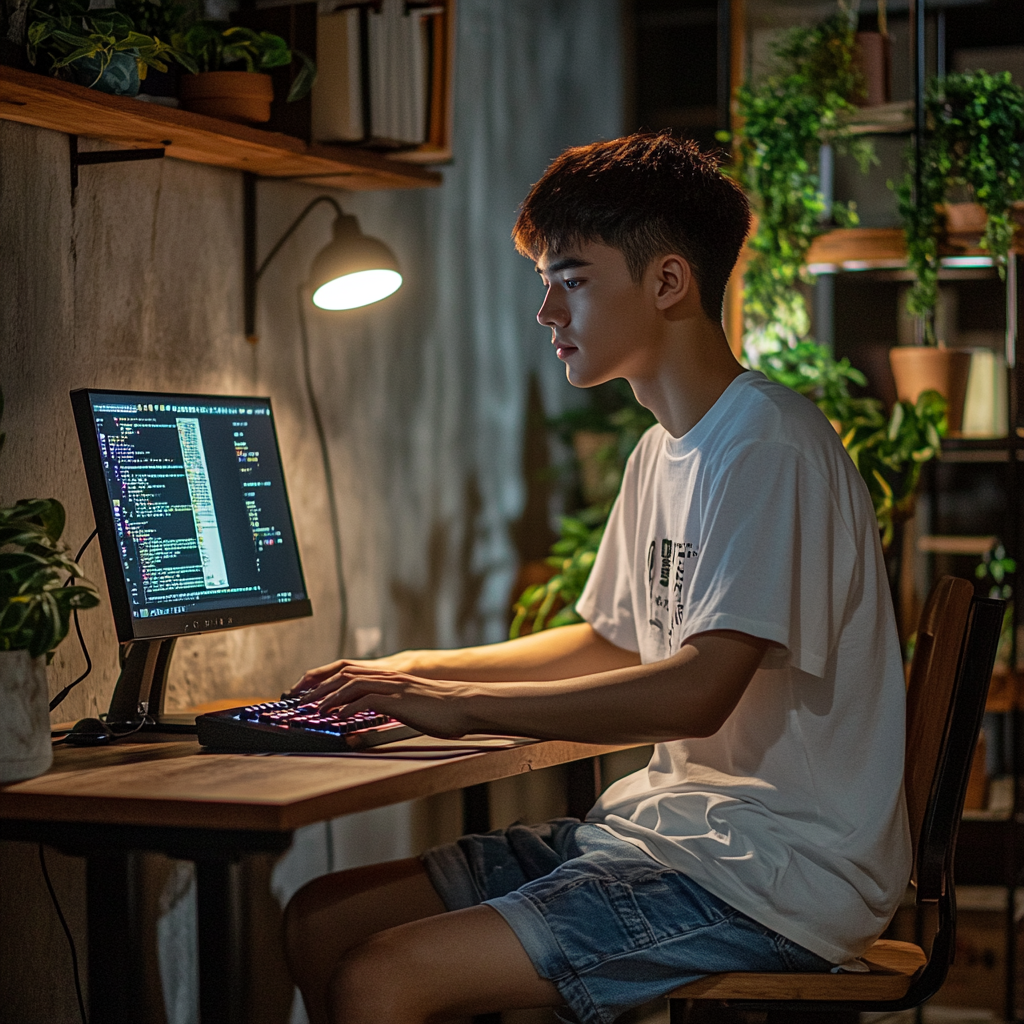 A young man typing at desk