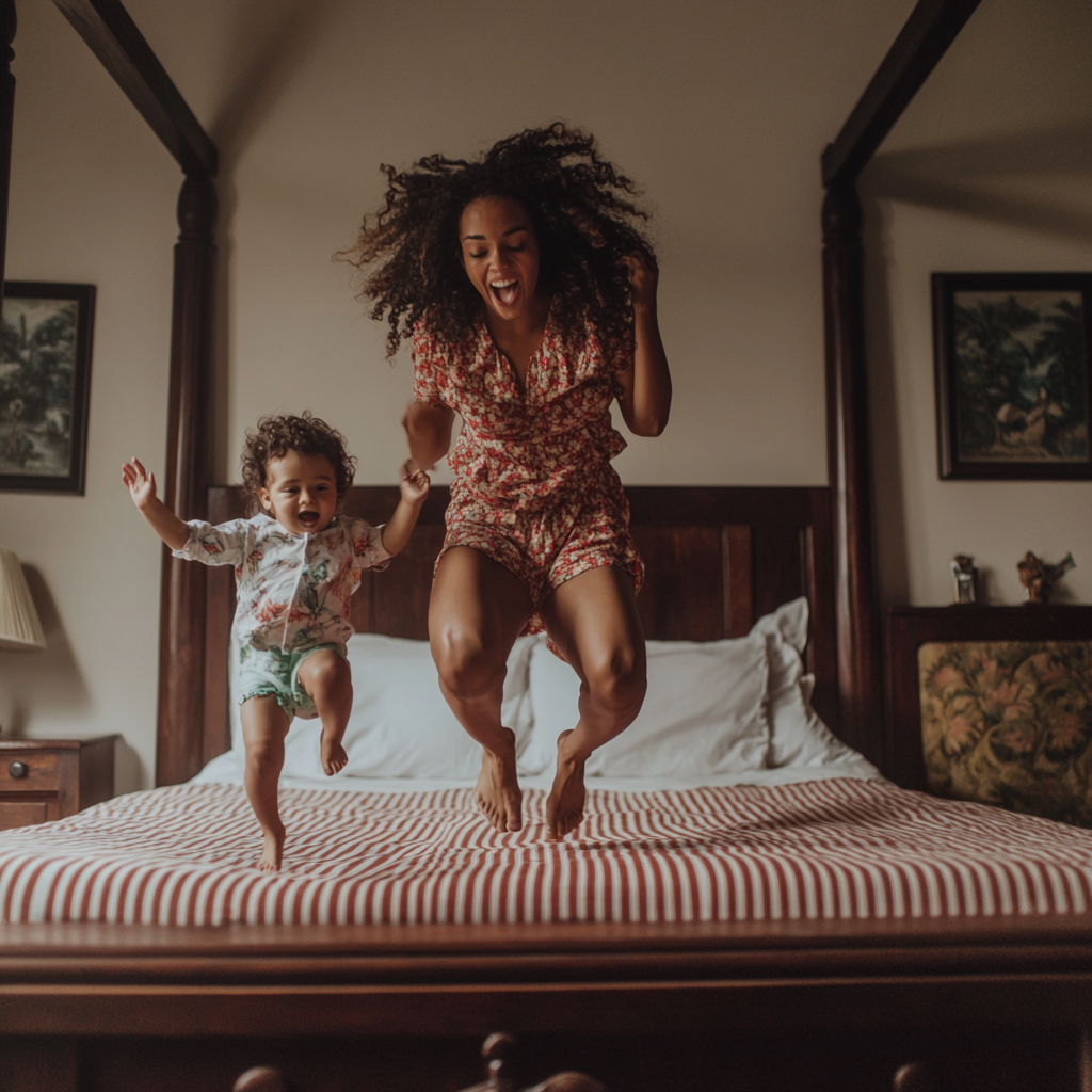 A young mother and toddler jumping on bed