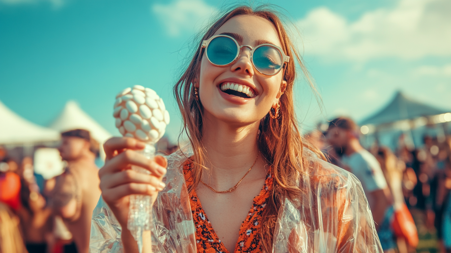 A young woman holds a maraca with mints.