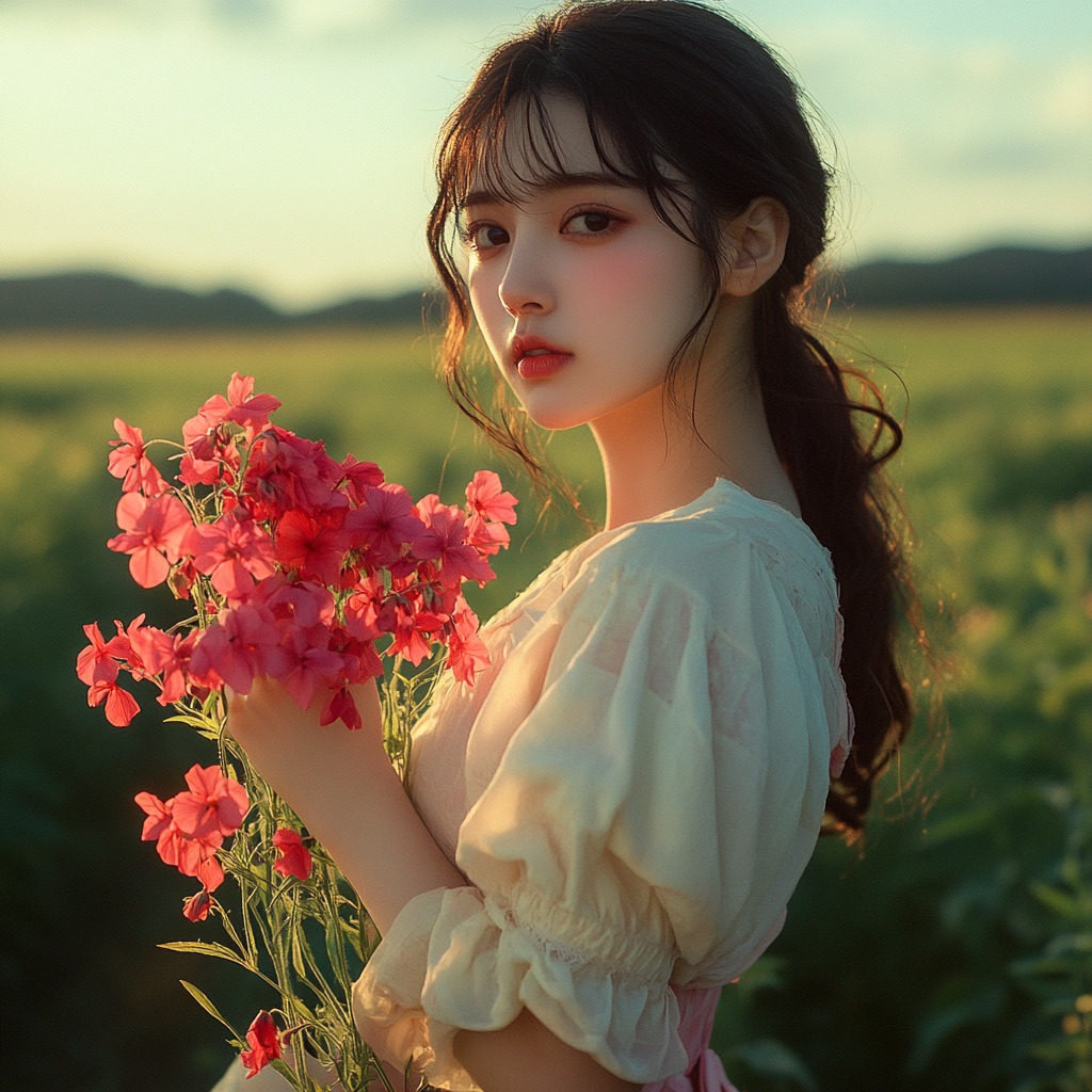 A young woman in a pastel dress gathers flowers