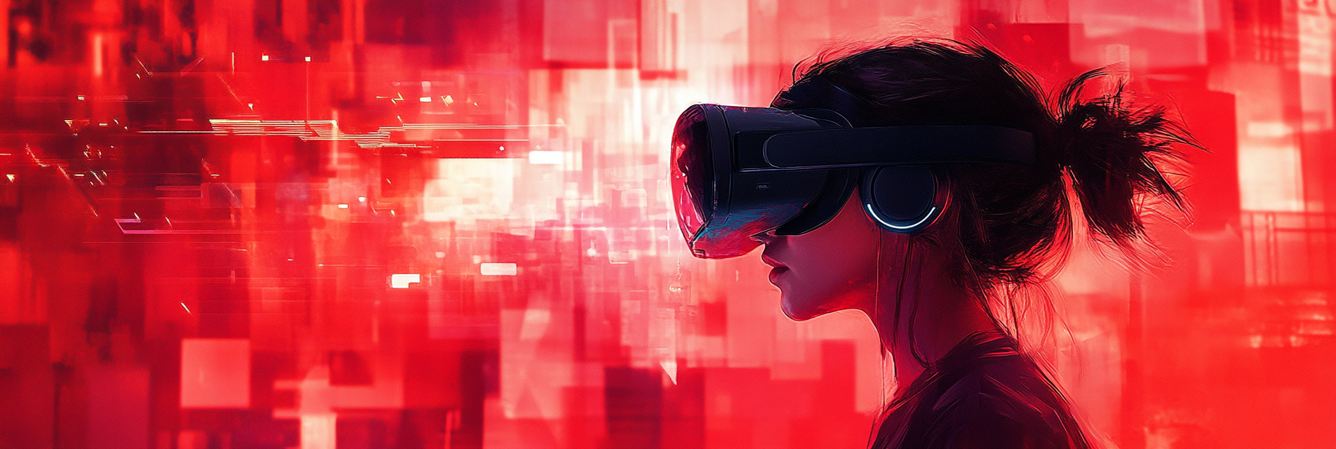 A young woman in virtual reality gaming world.