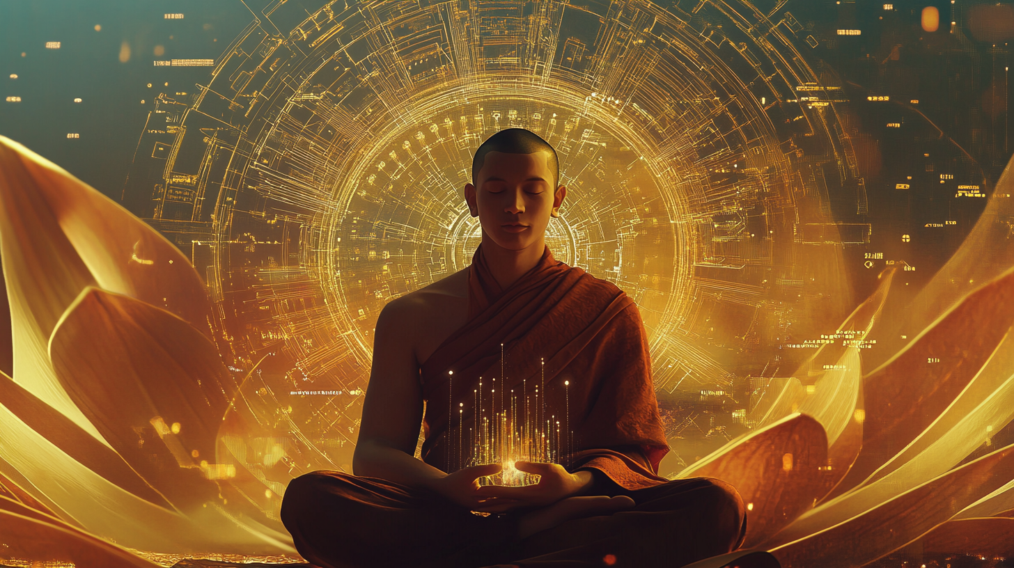 AI Monk Meditates with Digital and Spiritual Harmony